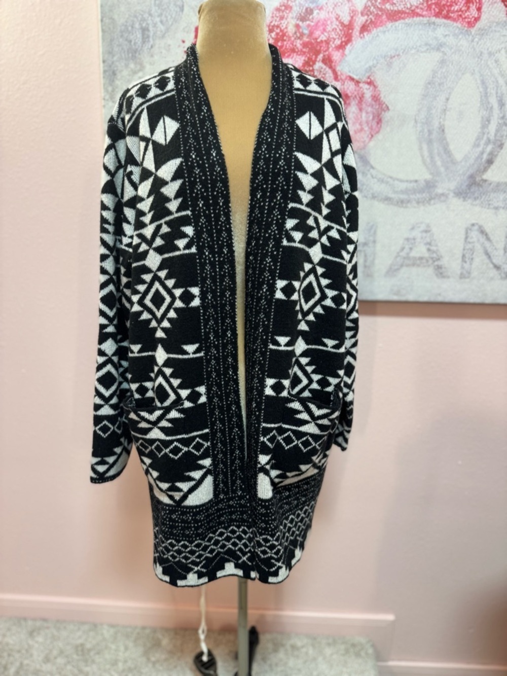 Frye Black & White Aztec Open-Front Sweater Cardigan